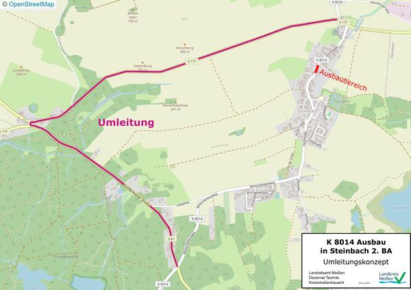 Umleitungsführung zur Baumaßnahme auf der K 8014 in Steinbach