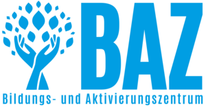 Logo des Bildungs- und Aktivierungszentrums in Blau. Es ist ein blauer Baum, danebenstehend die Buchstaben B A Z und die Unterschrift Bildungs- und Aktivierungszentrum.