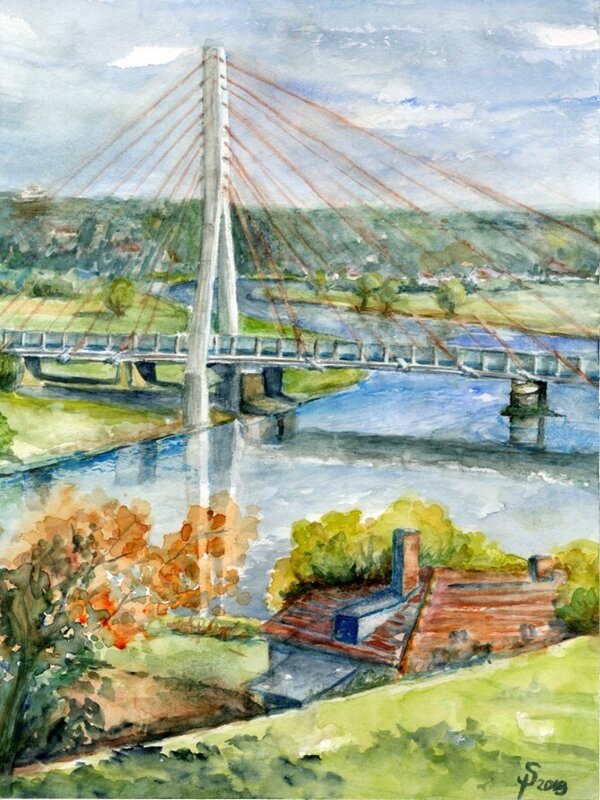 Bild vergr&ouml;&szlig;ern: Aquarell einer Br&uuml;cke &uuml;ber die Elbe.
